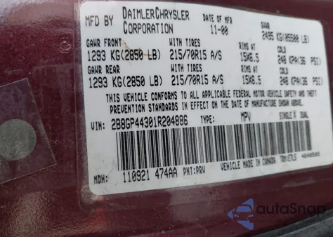 2001 Dodge Grand Caravan Sport from USA, damaged, VIN 2B8GP44301R204886